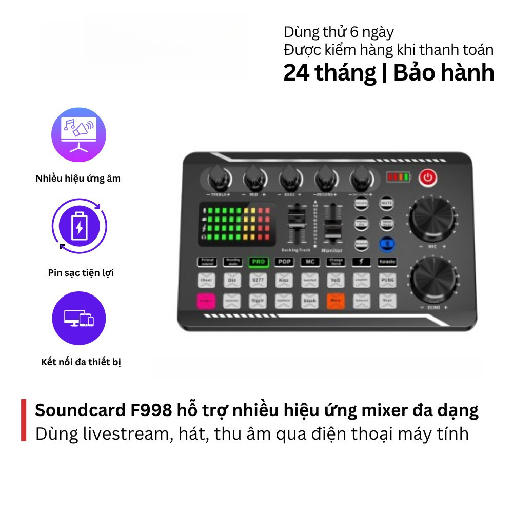 Soundcard livestream  F998 mixer hiệu ứng live, voice changer, kết nối nhanh, thu âm rõ nét 2026