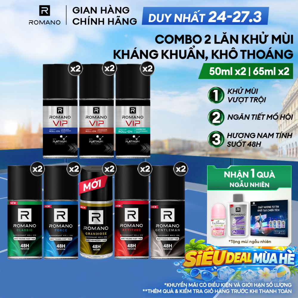 Combo 2 Lăn khử mùi Romano Khử mùi vượt trội, Hương nam tính suốt 48H 50ml / 65ml