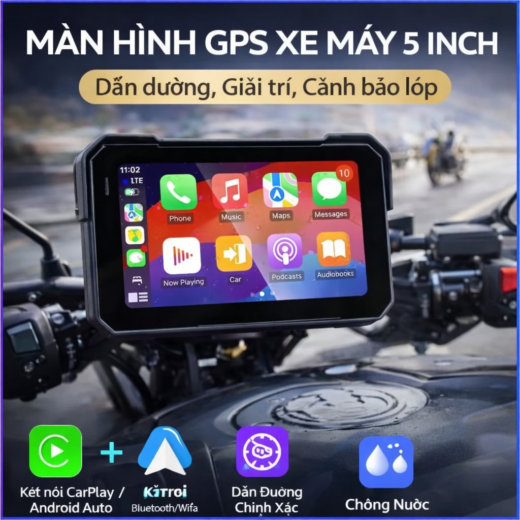 Màn Hình Xe Máy CarPlay, Màn Hình GPS 5 Inch, Android Auto, Màn Hình Moto, Bluetooth, Dẫn Đường GPS,