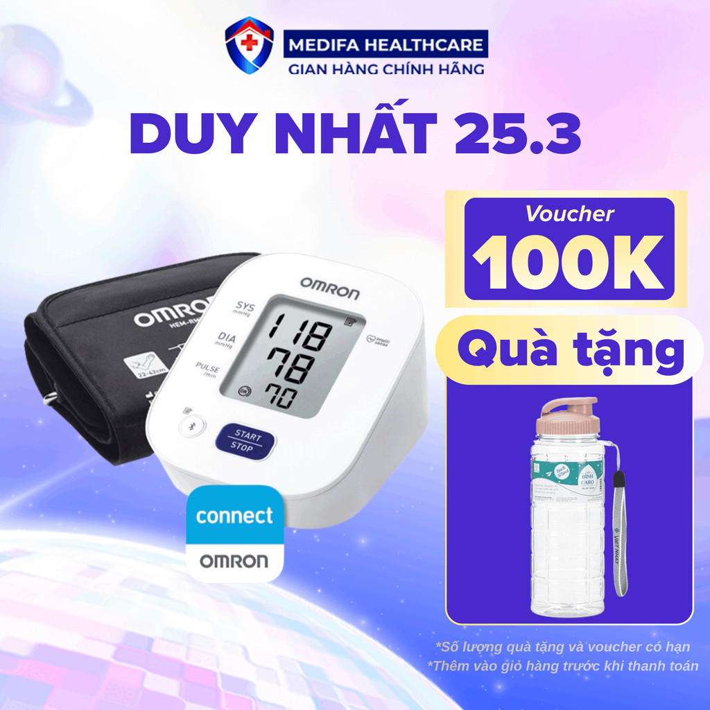 Máy đo huyết áp Omron HEM-7142T2 phát hiện nhịp tim không đều, bộ nhớ 14 kết quả đo có kết nối Bluetooth