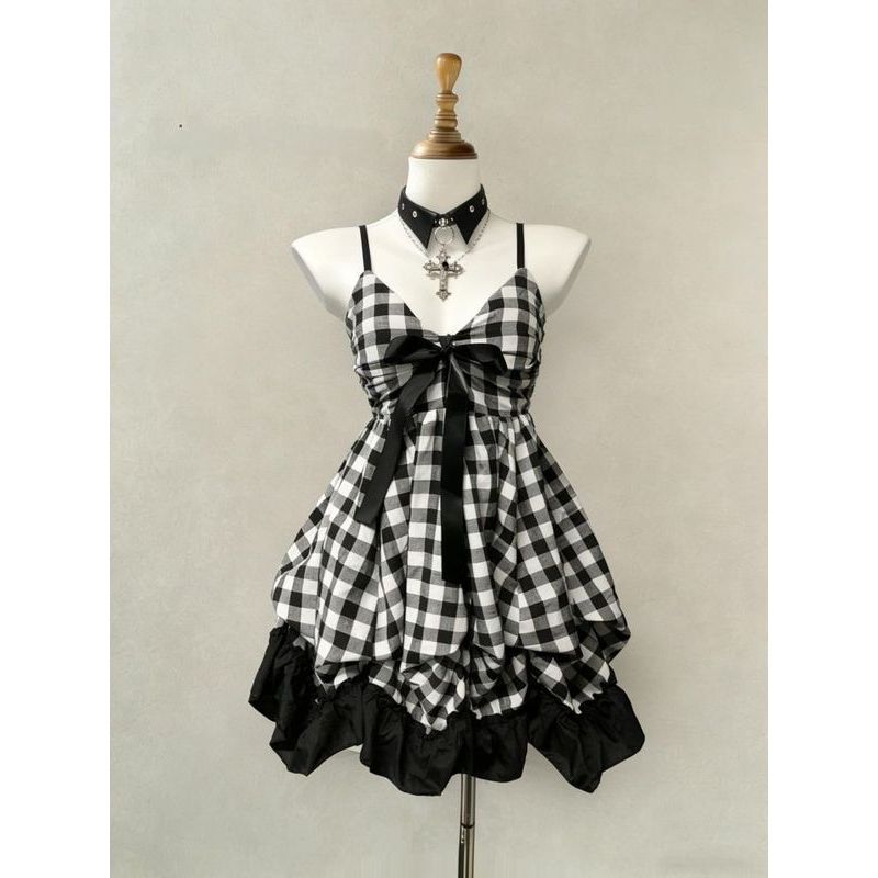 Đầm Sling Lolita Vintage Đen Trắng Kẻ Sọc Ngọt Phong Cách Preppy