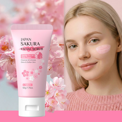 LAIKOU Japan Sakura Facial Scrub 50g Gel tẩy tế bào chết Niacinamide Vitamin B5 Làm sạch sâu Làm sáng da mịn màng & mềm mại Tẩy tế bào chết mặt nhẹ nhàng cho mọi loại da