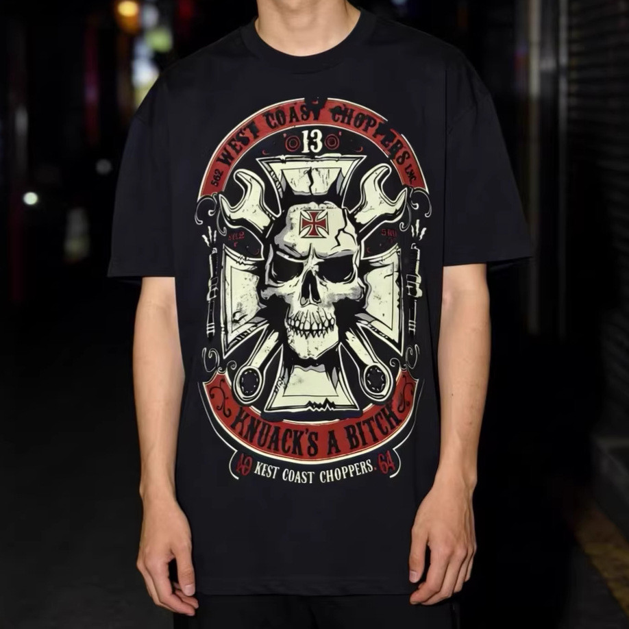 MEZJ West Coast Choppers New West Coast Mechanical Skull Washed Vintage Short Sleeve T Men's Summer 