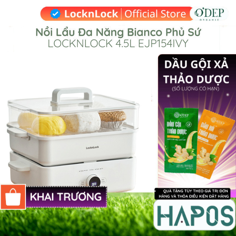 Nồi lẩu đa năng 4.5L Bianco phủ sứ LocknLock, Hàng chính hãng, chống dính, tay cầm cách nhiệt EJP154