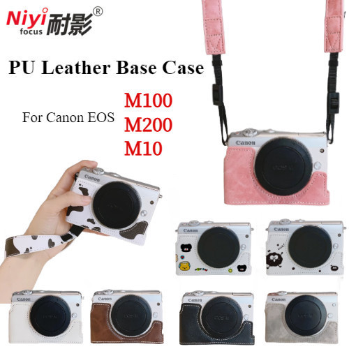 Ốp Da PU Cho Canon EOS M100 M200 M10 Nửa Camera Bảo Vệ Gắn Cho M100 Túi Bảo Quản Mở Pin Nắp Đáy