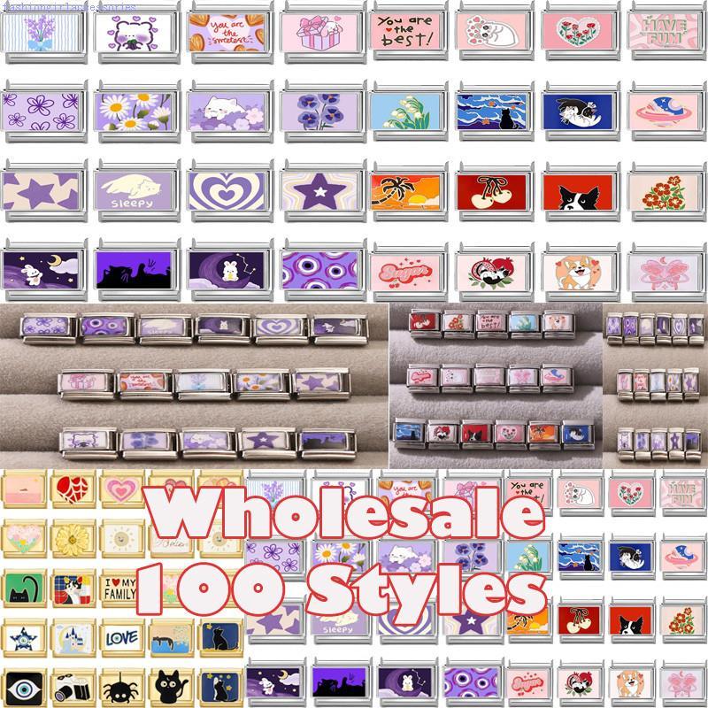 Fashion Dreamy Purple Flowers Cats Moon Heart Italian Charms Fit 9mm Stainless Steel Women Bracelet 