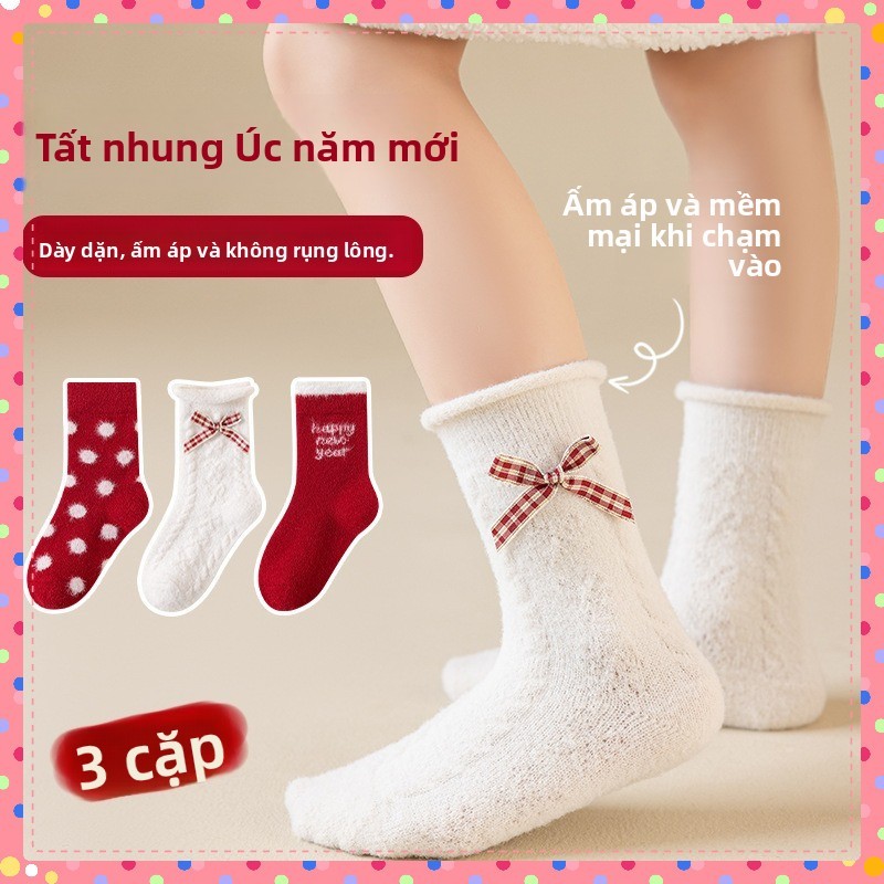 [3 Đôi] Tất Bé Gái Nơ Đỏ Lớn Nhung Úc Ấm Áp Giữa Ống