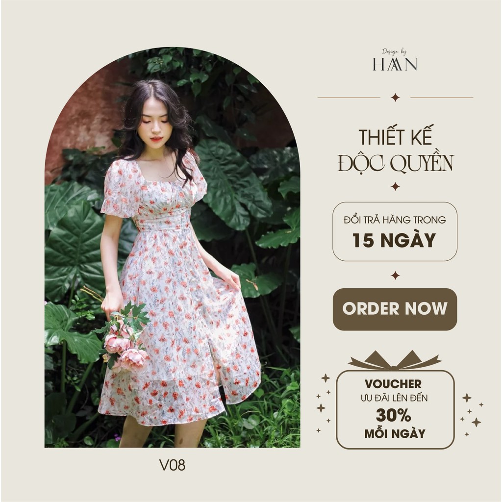 Váy hoa cổ vuông HAAN DESIGN dáng xòe chiết eo chất liệu tơ mềm 2 lớp (V08)