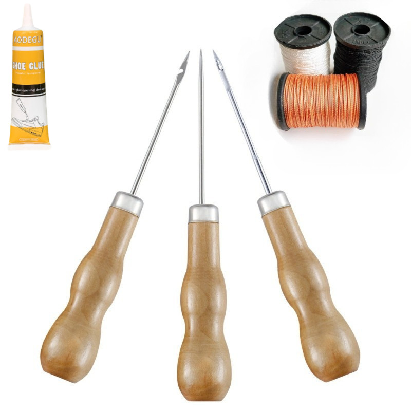 [HCM] Set 3 Kim khâu may giày dép, túi xách đồ da thủ công, Dùi móc may và dây nylon 50m,Keo dán -LABUU