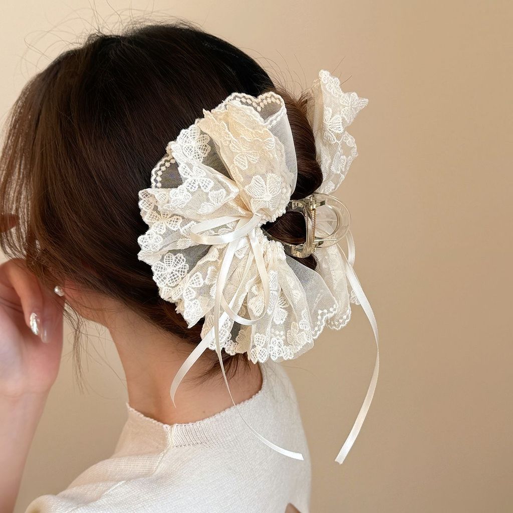 Hot Sale#Super Fairy Lucky Four-Leaf Clover Embroidered Lace Claw Clip Sweet Ribbon Bow Hair Clip Fr