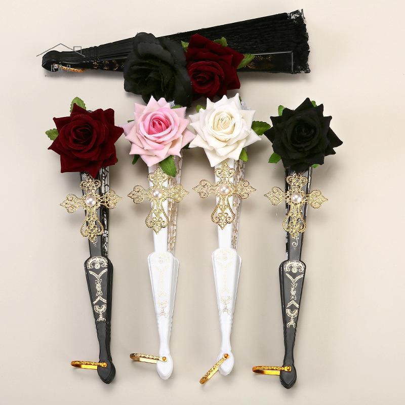 RO > Nữ Ren Tay Quạt Gothic Gothic Quạt Victoria Vintage Trắng Đỏ Hoa Hồng Tre Người Hâm Mộ Cosplay 