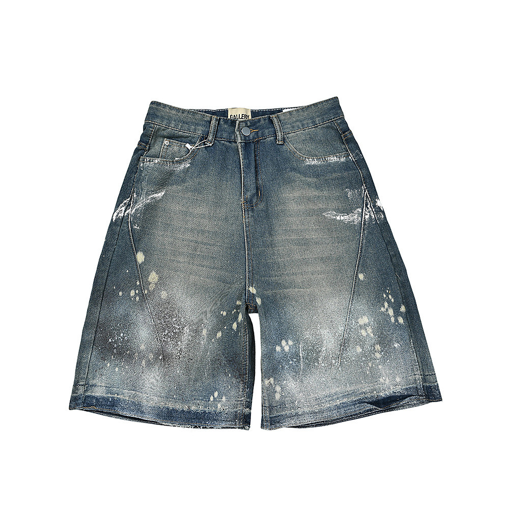 VJTT American Style GALLERY DEPT Washed distressed shorts with ink splashes and holes, unisex style