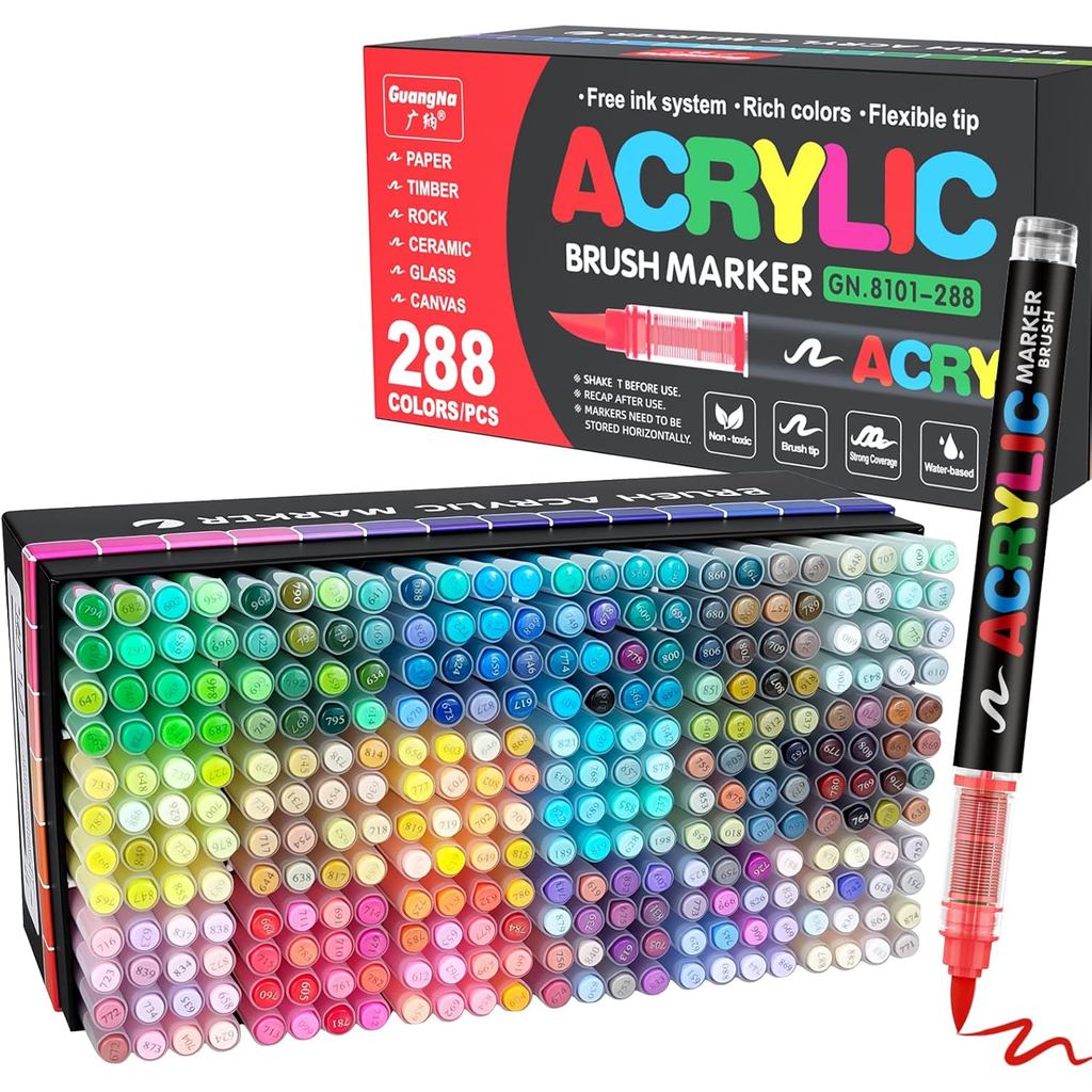 Bút đánh dấu sơn acrylic Guangna 288, Đầu bàn chải Bút sơn acrylic, Mực chống thấm nước khô nhanh, c
