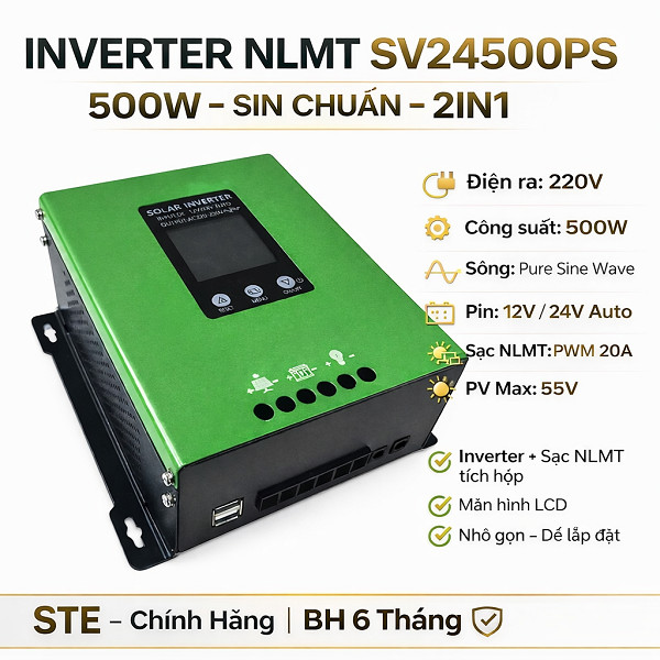 Inverter Năng Lượng Mặt Trời SV24500PS 500W – Sóng Sin Chuẩn – 2in1 Inverter + Sạc PWM – 12V/24V – S