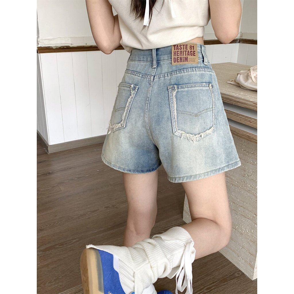 quần short nữ cạp cao quần short nữ Quần Jean Thẳng Nữ Plus Size Màu Xanh, Thiết Kế Hiện Đại Từ Hồng