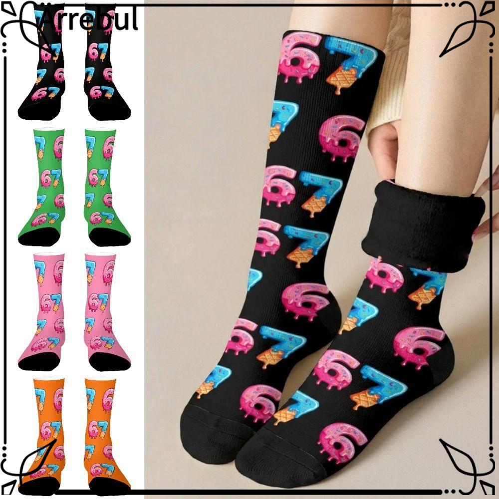 ARREBUL 67 Meme Kem Tất, Hoạt Hình Thoáng Khí 67 Meme Crew Tất Dài, Cotton Ngộ nghĩnh Nhẹ Ấm Áp Sáng