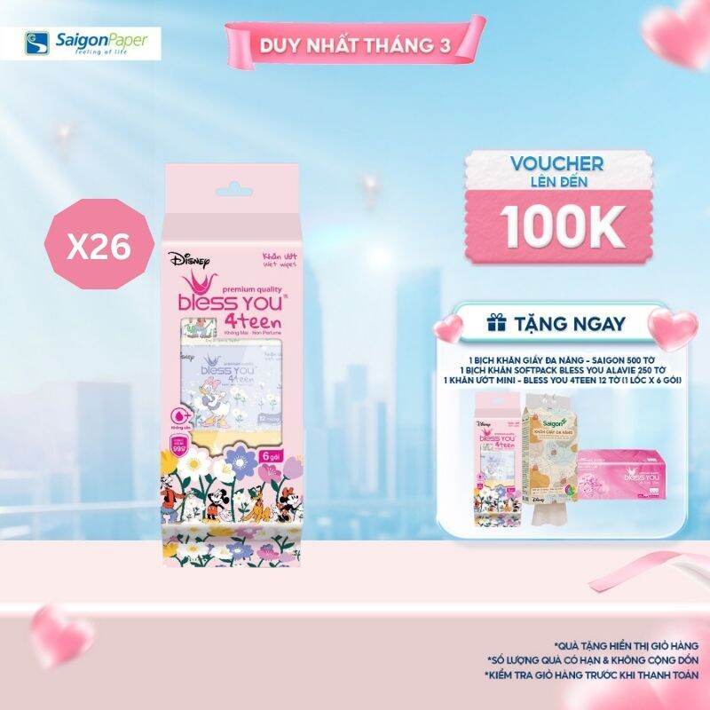 Thùng 26 Lốc Khăn Ướt Mini – Bless You 4Teen 12 tờ (1 lốc x 6 túi)