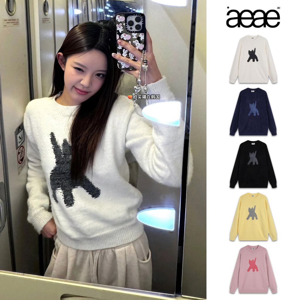 AEAE Korean niche trendy brand cat luminous eyes round neck sweater for women, short knit top for au