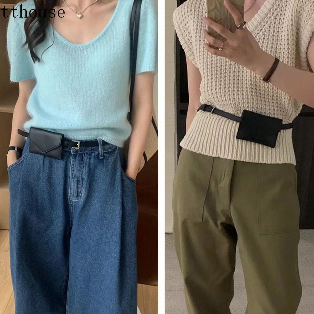 Túi thắt lưng nữ TTHOUSE, Túi thắt lưng phong bì màu trơn phong cách Hàn Quốc, Túi đựng thẻ Ins Túi ly hợp PU Túi đựng thẻ nhỏ ngoài trời