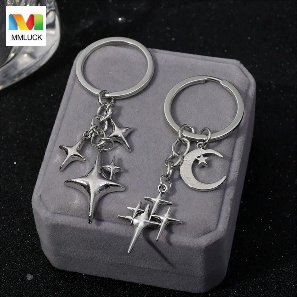 MMLUCK Star Moon Key Rings, Mặt dây chuyền túi kim loại Y2K Móc khóa, Thời trang Handmade Màu bạc rỗ