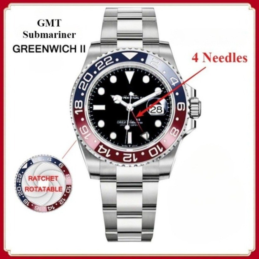 GMT / Submariner Classic Men Watch Greenwich II Thép không gỉ 4 kim Đồng hồ đeo tay nam thạch anh th