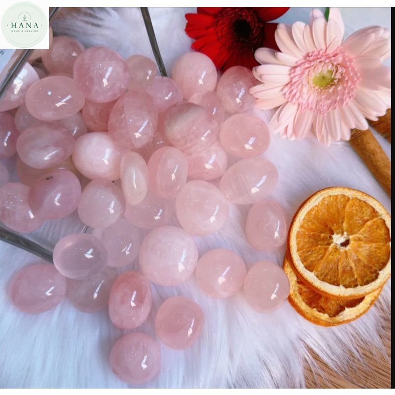 Đá phong thuy thanh tẩy Thạch anh hồng , Sỏi thạch anh hồng dùng trang trí handmade thiền Hana Gems