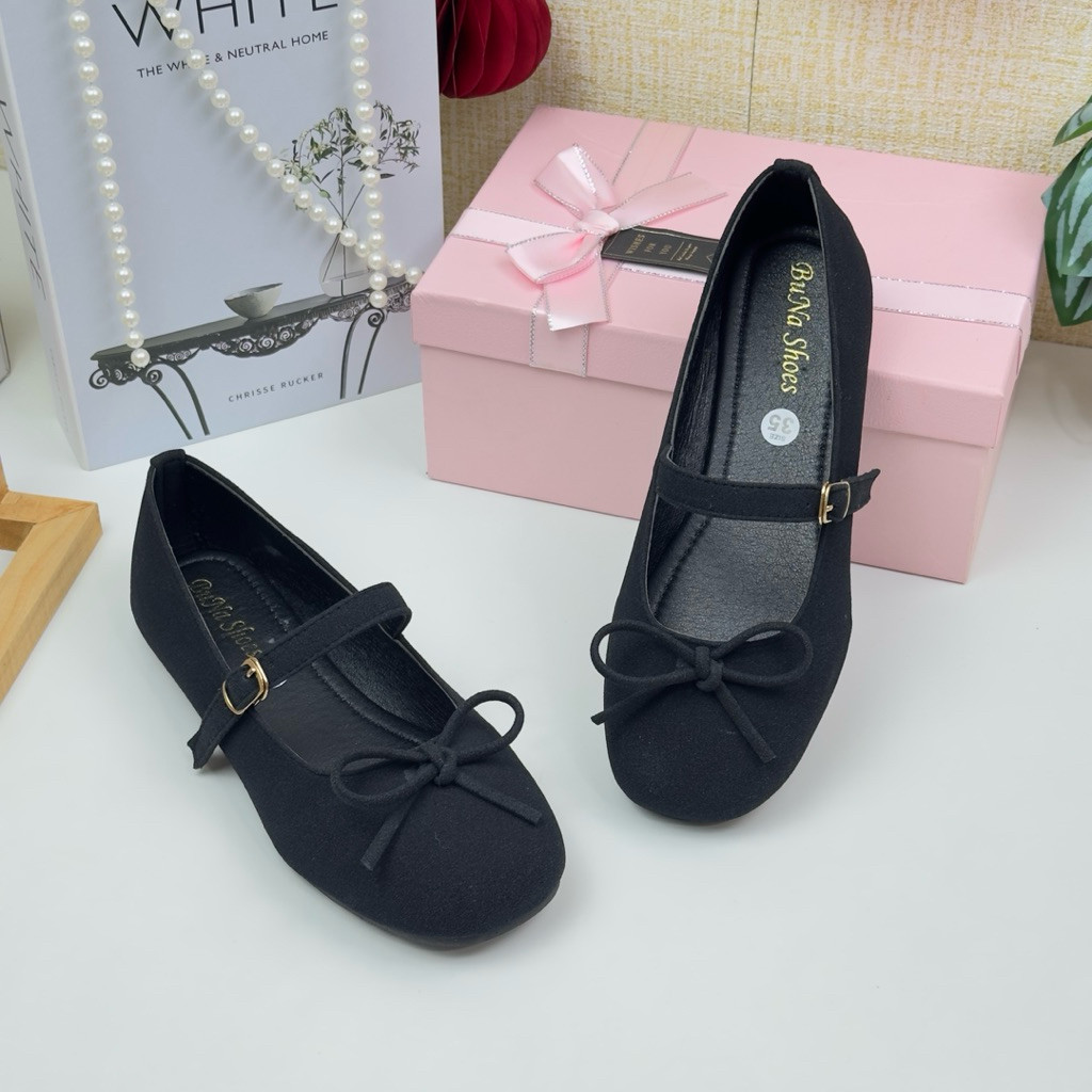 Giày Búp Bê Nữ Màu Đen Chất Nỉ Quai Ngang Đính Nơ - Giày Búp Bê