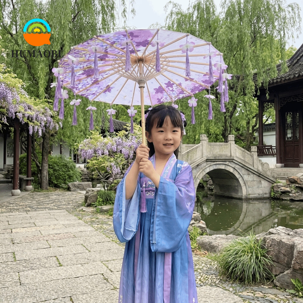 Ô tua rua vải HUMAOBL, Ô cổ Trung Quốc chống mưa phong cách Trung Quốc, Ô Hanfu cầm tay trang trí ch