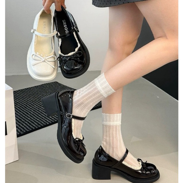 Giày Mary Jane Nữ - Giày Búp Bê Lolita Nữ Cao Gót 5p Da Bóng Gắn Mác Vuông Sang Trọng - A527
