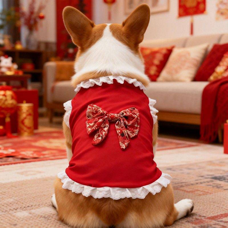 【Ready Stock】 New Year Celebration Clothes 2026 Pet New Clothes Skirt Cute Dog Samoyed Golden Retrie