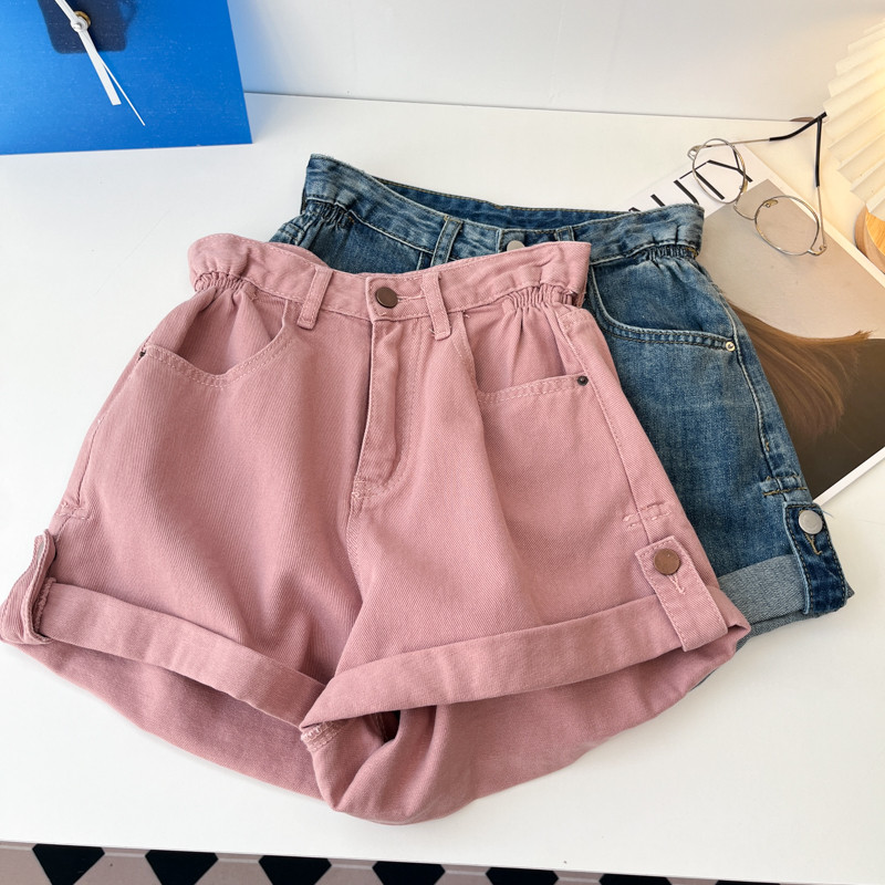 quần short nữ quần short nữ bigsize Quần Short Denim Chữ A Nữ Màu Hồng Uốn, Ống Rộng, Thích Hợp Mùa 