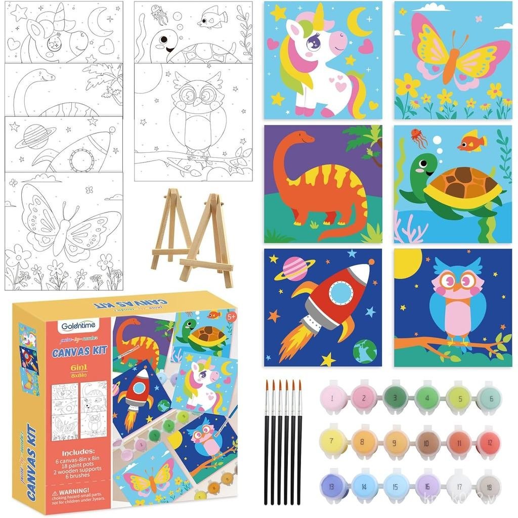 Goldentime 6 Gói 8x8inch Paint by Numbers Kit dành cho trẻ em, Canvas vẽ sẵn để vẽ tranh với kỳ lân,