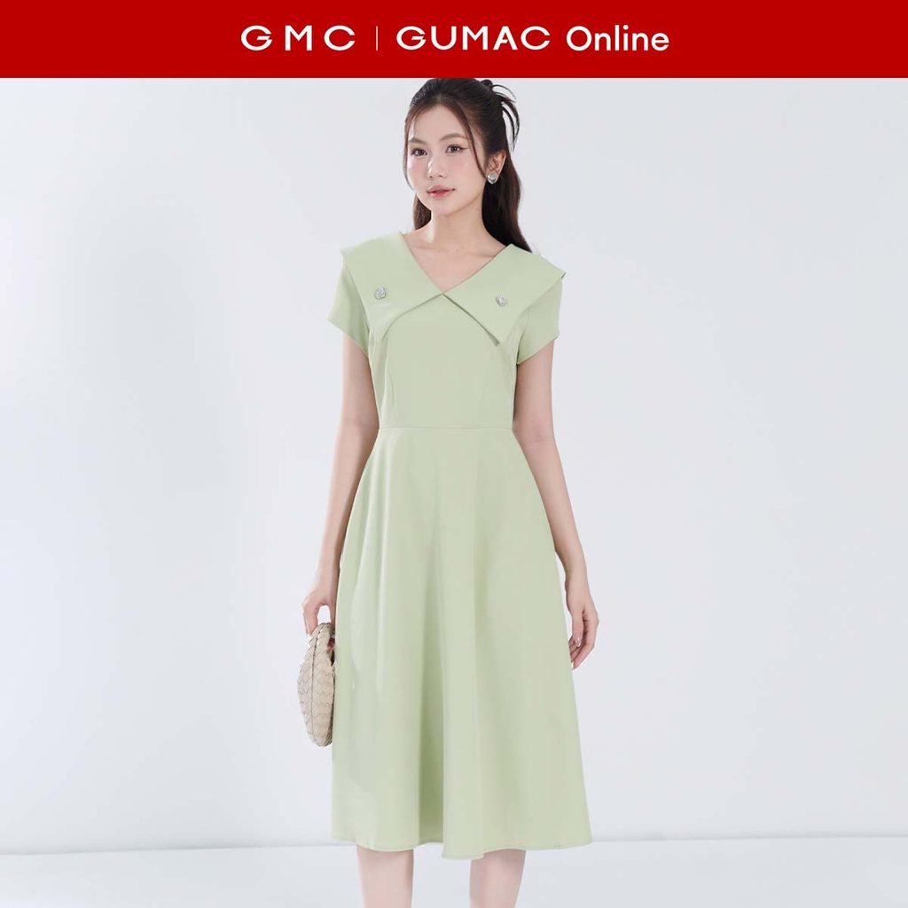 Đầm nữ dáng A 2 lớp phối túi dọc cổ V đính phụ kiện vải chéo nhật cao cấp thanh lịch thời trang GUMA