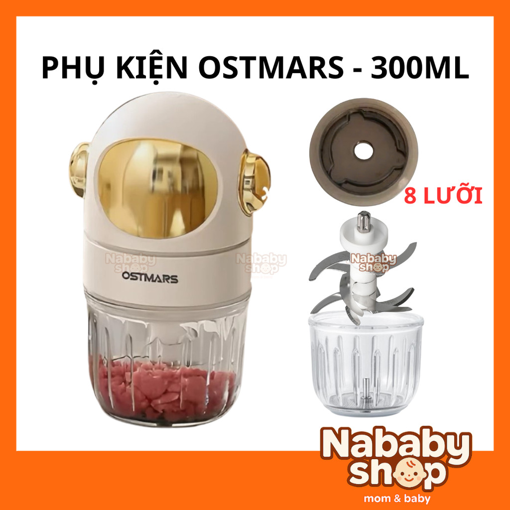 Phụ kiện máy xay ăn dặm Ostmars 300ml Cối thay Ostmars Nắp đậy cối Dây ron cao su Lưỡi dao 8 lưỡi má