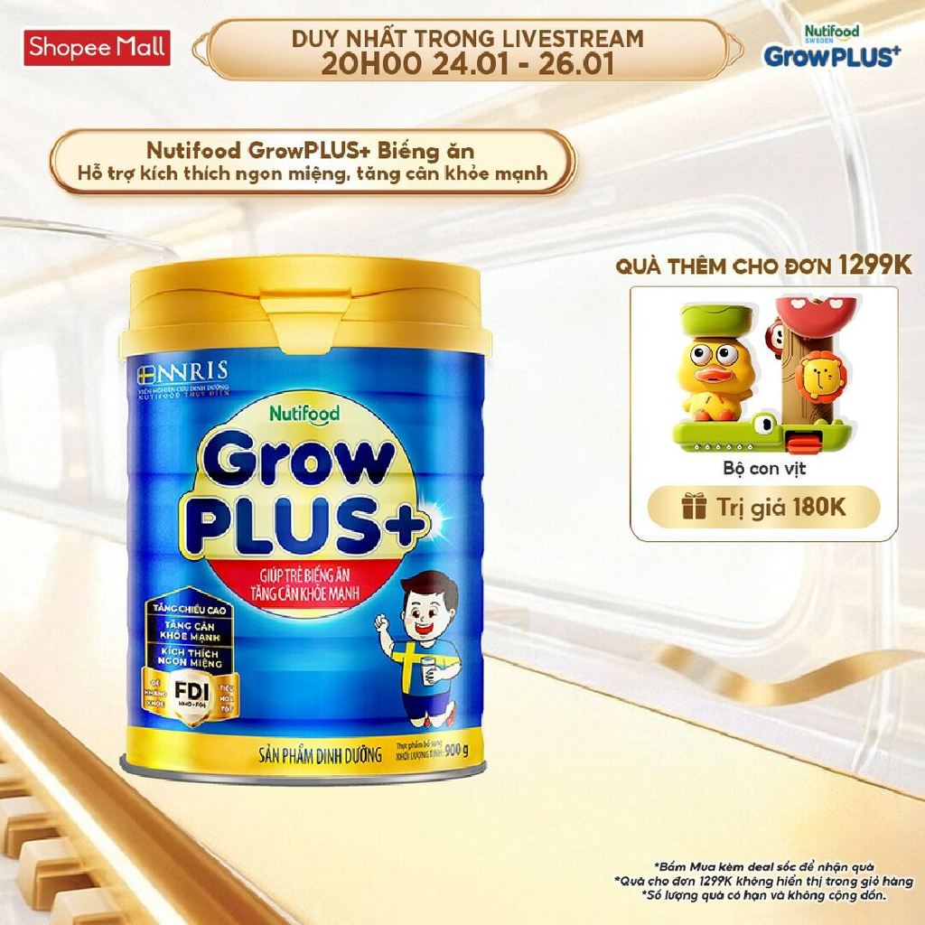 Sữa Bột Nutifood GrowPLUS+ Biếng Ăn (Xanh) 1+ - Tăng Cân Khỏe Mạnh (Lon 900g)