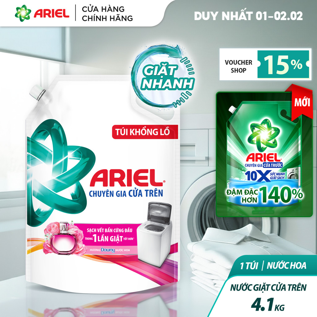 [Livestream] Nước Giặt cửa trên ARIEL Hương Downy Nước Hoa 4.1KG/ Nước giặt 10X giặt sạch  túi 4.05K
