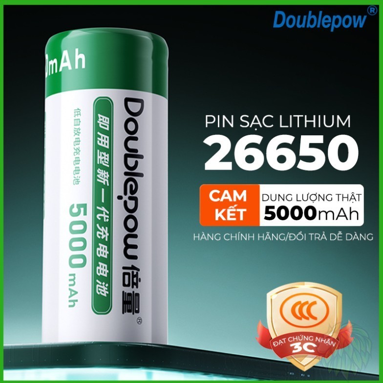 Pin Sạc 26650 Doublepow dung lượng thực 5000mAh, pin Lithium dùng thay thế chế pin 2s, 3s, 4s, đèn p