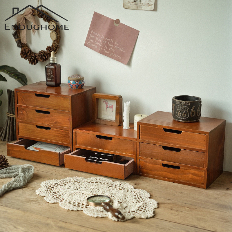 Desktop Drawer-Type Three-Layer Storage Small Cabinet Wooden Cosmetic Miscellaneous Box Display Stan