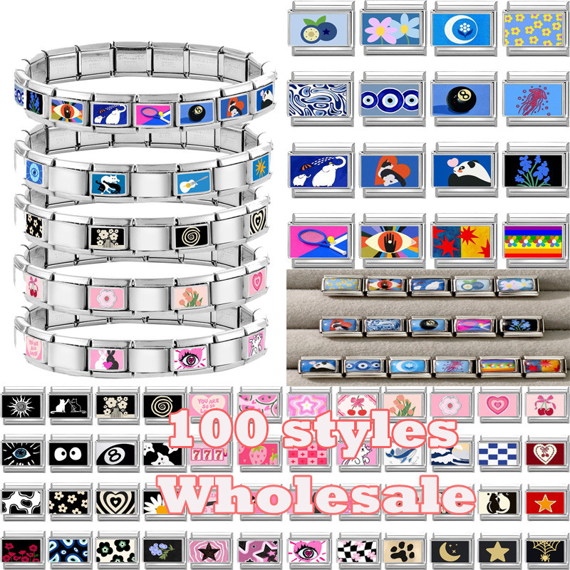 2026 Bán Buôn Hoa Xanh Núi Bên Biển Phong Cảnh Ngôi Sao Ý Quyến Rũ Liên Kết Phù Hợp Với 9 Mm Thép Không Gỉ Trang Sức DIY Làm Vòng Tay