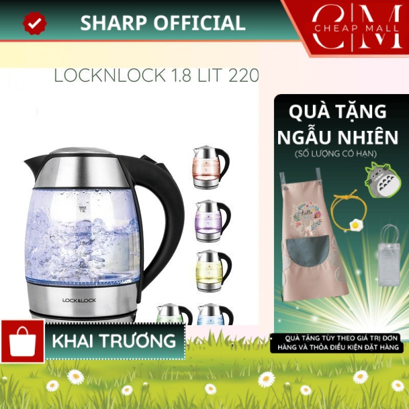 Bình siêu tốc LocknLock 1.8L chọn nhiệt độ sôi Chính hãng, thủy tinh, 2200W đèn LED đổi màu EJK341 -
