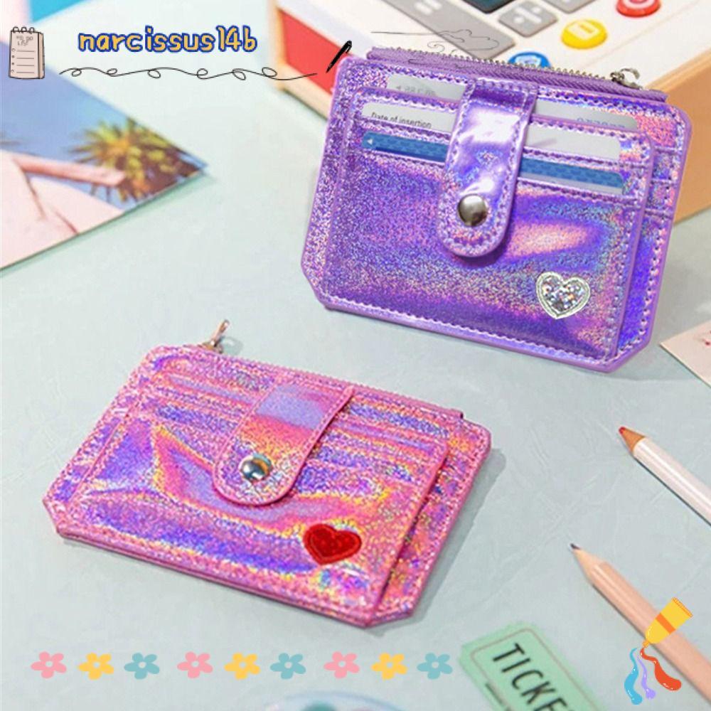 NARCISSUSB Slim Wallet Sequins Girl Student Laser Shining Heart ID Card