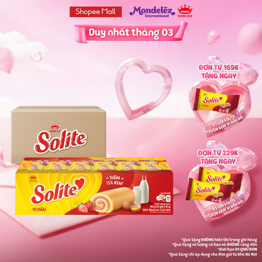 Combo 4 Hộp Bánh Bông Lan Solite Cuộn Kem Vị Dâu 180g