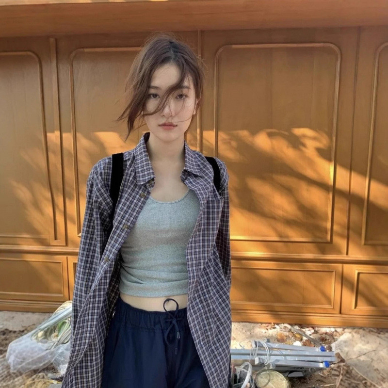 EYXM Thebarnnet Designer brand casual Korean retro small checkered long-sleeve shirt