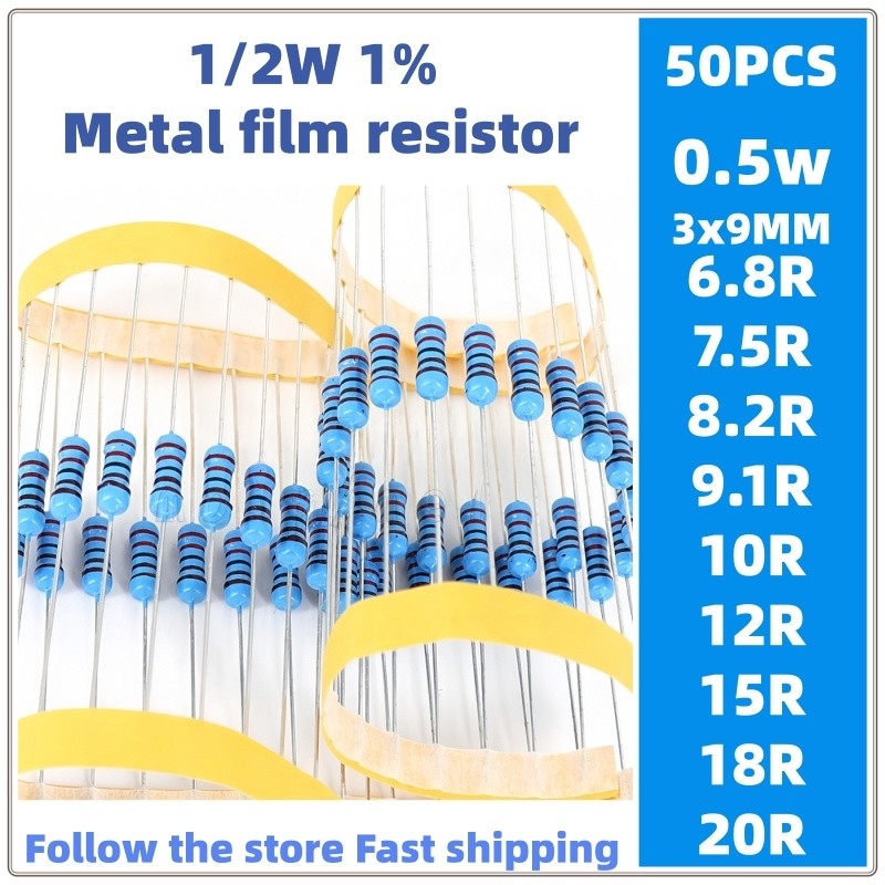 50 Chiếc 1 / 2w Kim Loại Phim Điện Trở 1% 0.5w 6.8R 7.5r 8.2 9.1R 10r 12 15R 18 20R ohm