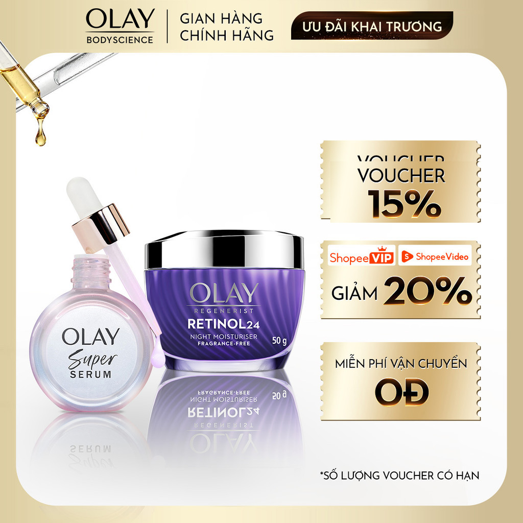 Combo Super Serum OLAY 5IN1 Chai 30ml + Kem Dưỡng OLAY Retinol 24 Ban Đêm Tái Tạo Da Chống Lão Hóa T