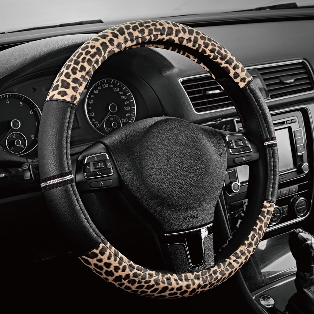 Vỏ vô lăng Road Comforts Leopard - Được làm bằng da PVC Cheetah Print - Chống trượt, Universal Fit 1