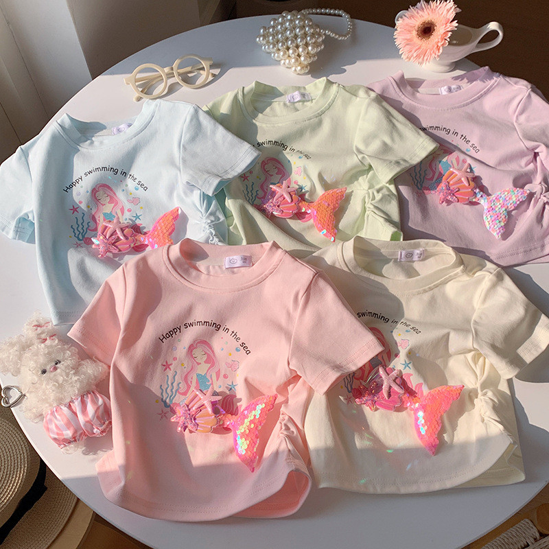 Bebe Girls Mùa Hè Nàng Tiên Cá In Áo Thun Tay Ngắn Màu Hồng Dễ Thương Slim-Fit Trẻ Em Nguyên Chất Co