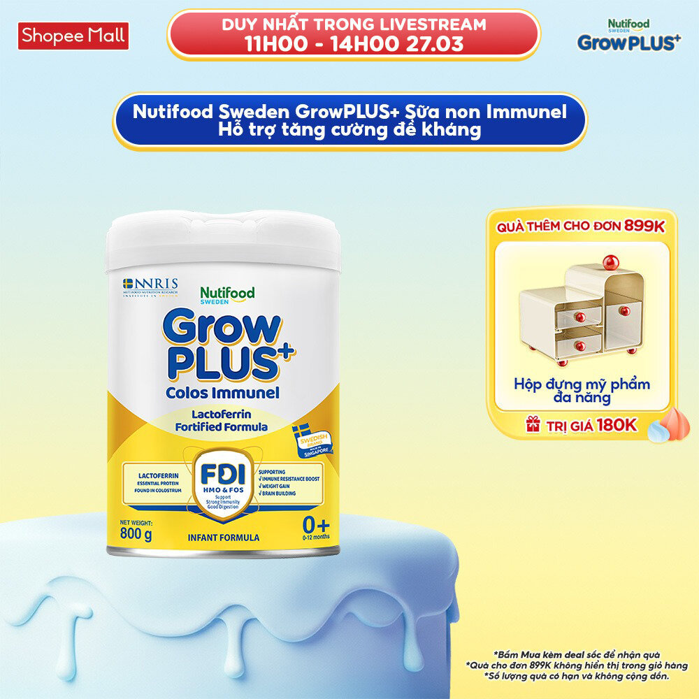 Sữa Bột Nutifood Sweden GrowPLUS+ Sữa Non Immunel từ 0 - 12 tháng lon 800 g (Bao bì tuỳ lô hàng)