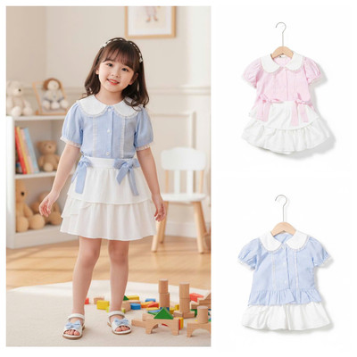Bộ ngắn tay sơ mi chân váy nơ LITIBABY bé gái size 2 đến 7 tuổi NH32