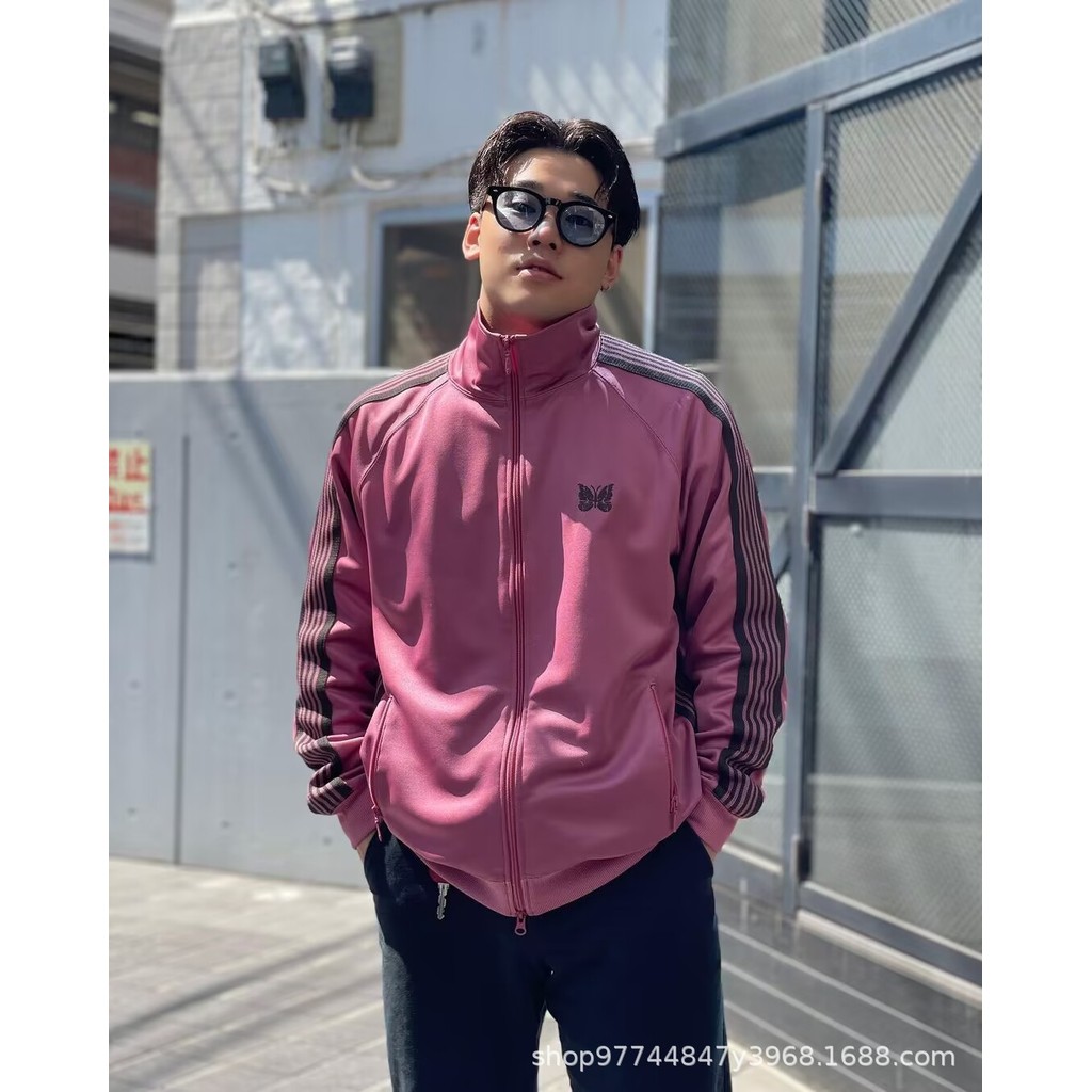 HE3M Needles track Light pink embroidered tape campus casual loose sports jacket